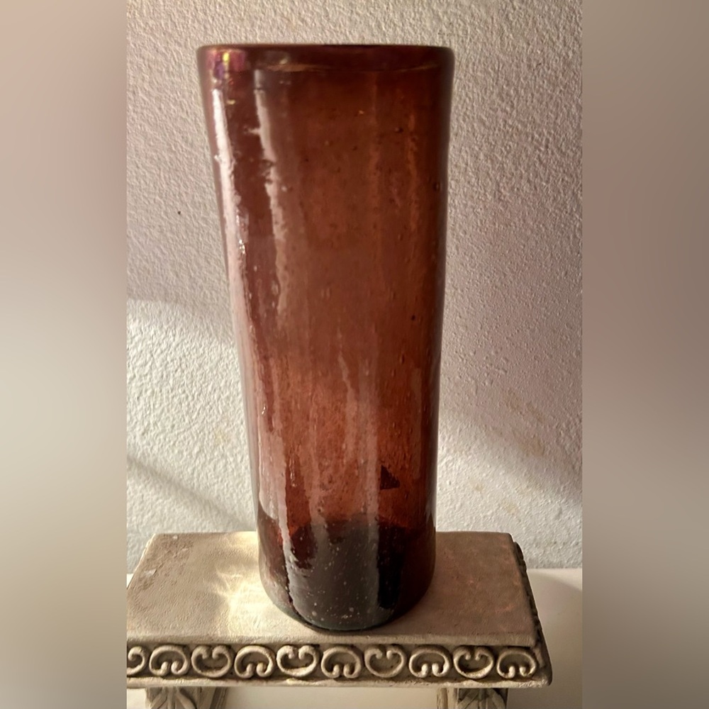 8.75 Handblown, recycled glass vase. Maroon, brown, purple shades.